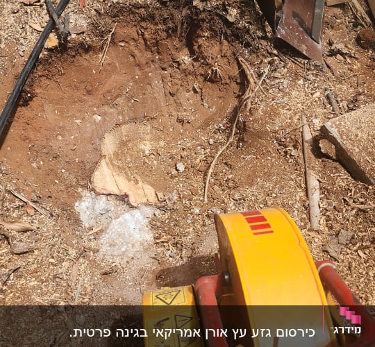כלי עבודה צהוב ליד בור באדמה עם שבבי עץ